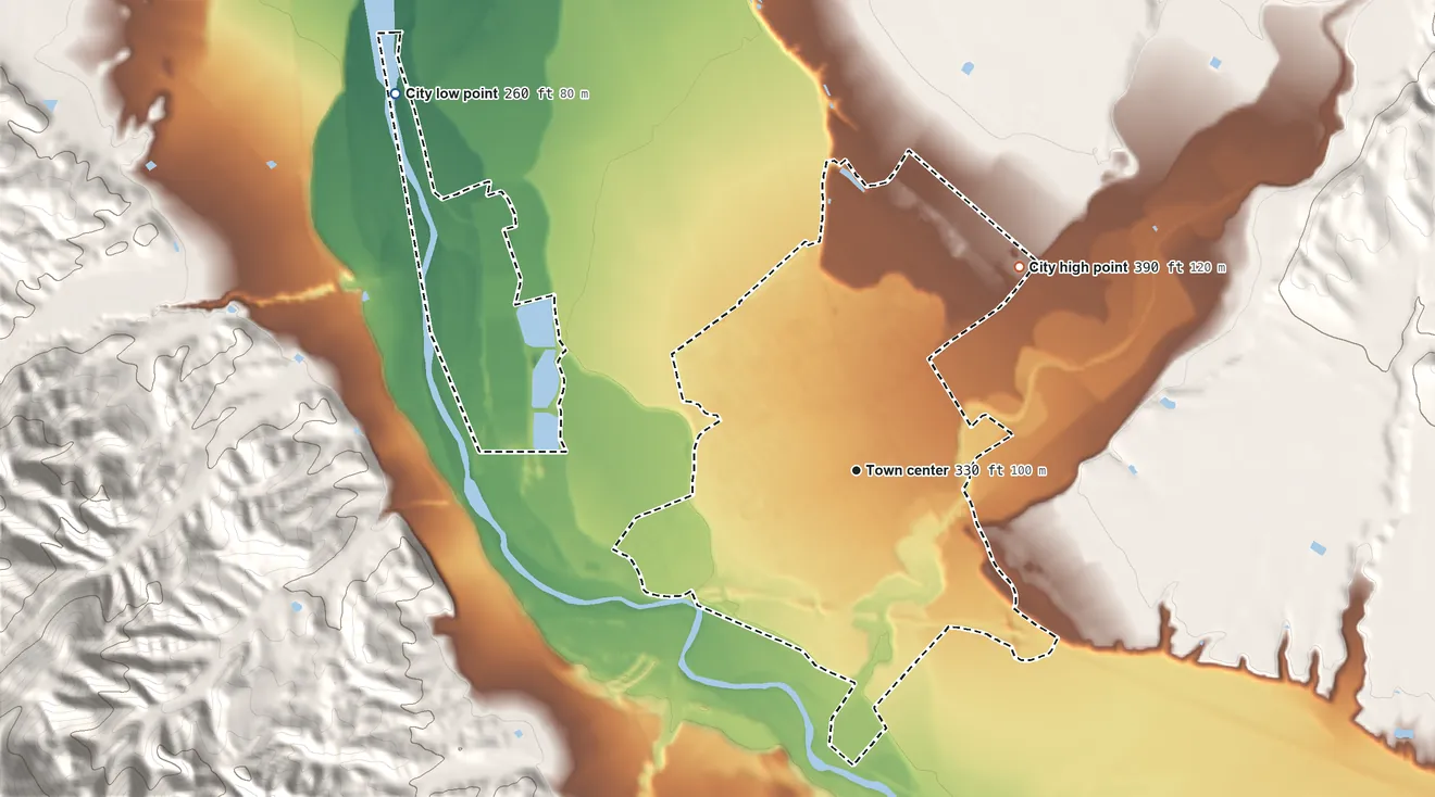 Topographic elevation map of King City, California, shaded from 260 ft on the northwest side to 390 ft on the northeast edge, below higher ground just outside
