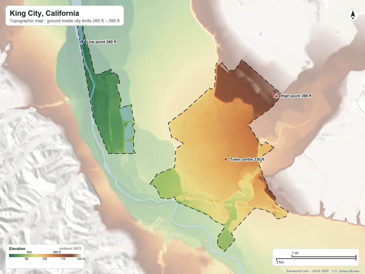 Topographic elevation map of King City, California, shaded from 260 ft on the northwest side to 390 ft on the northeast edge, below higher ground just outside