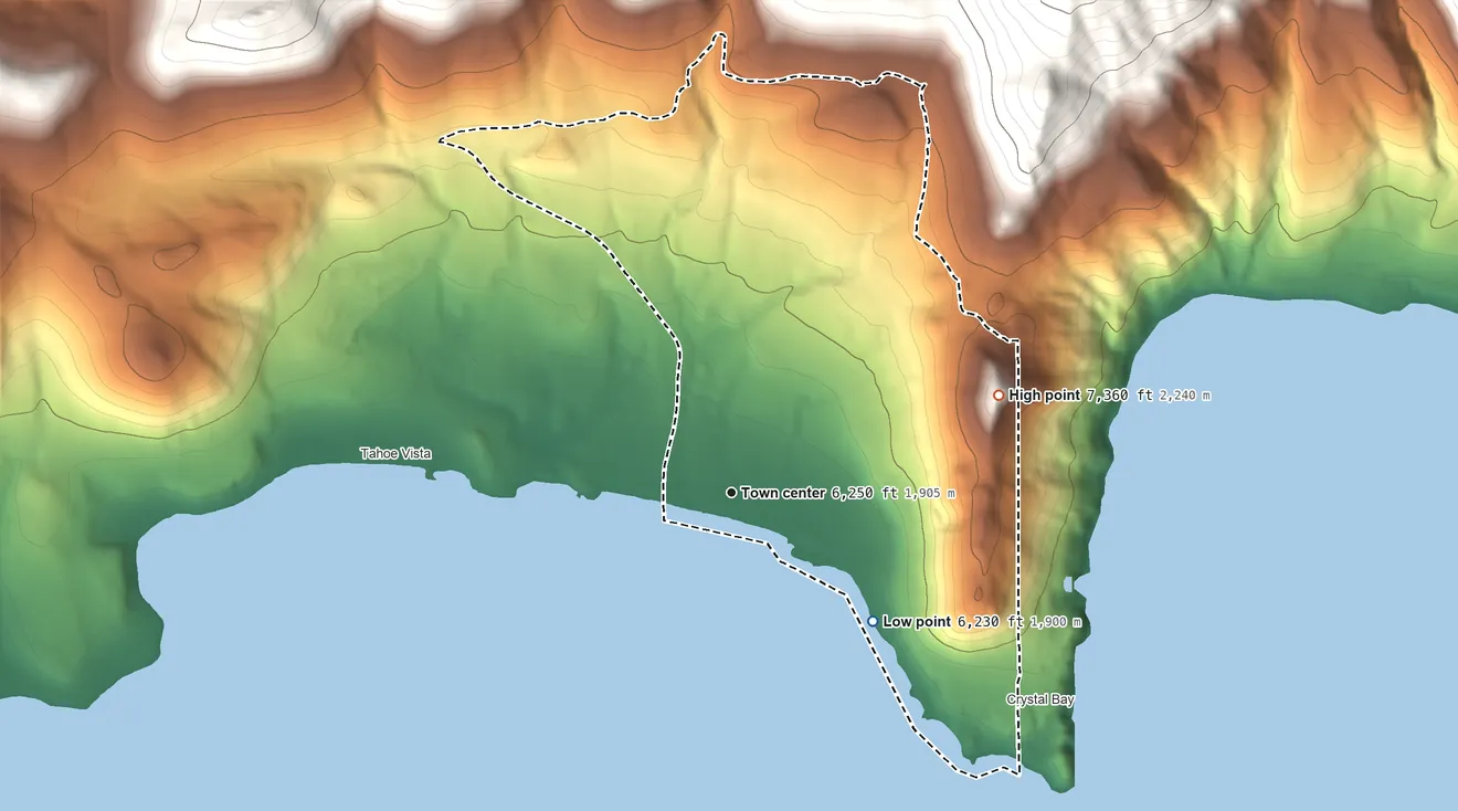 Topographic elevation map of Kings Beach, California, shaded from 6,230 ft on the southeast side to 7,360 ft on the east edge, below higher ground just outside
