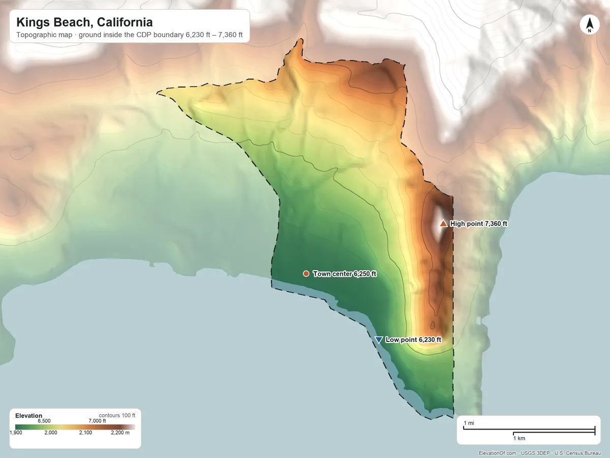 Topographic elevation map of Kings Beach, California, shaded from 6,230 ft on the southeast side to 7,360 ft on the east edge, below higher ground just outside