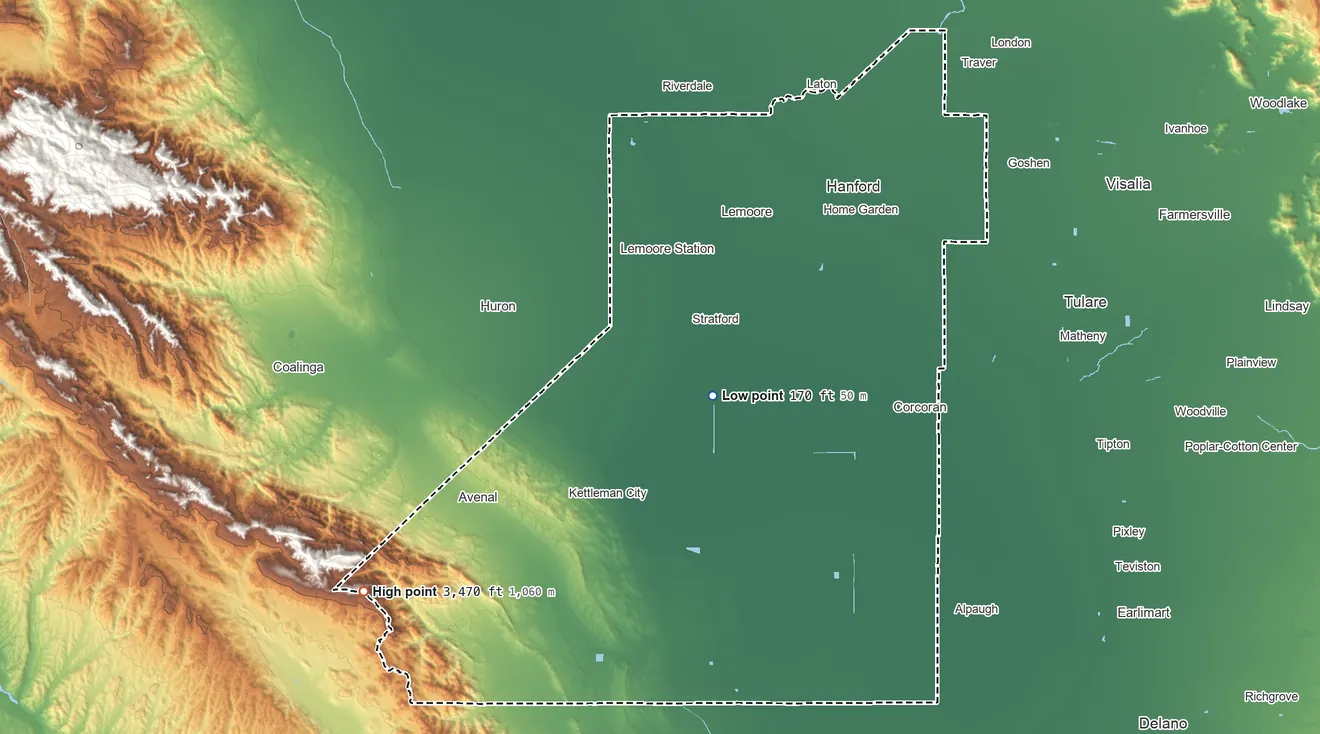 Topographic elevation map of Kings County, California, shaded from 170 ft near the middle to 3,470 ft on the southwest side