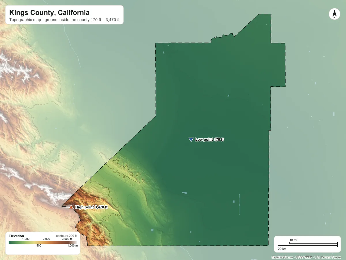 Topographic elevation map of Kings County, California, shaded from 170 ft near the middle to 3,470 ft on the southwest side