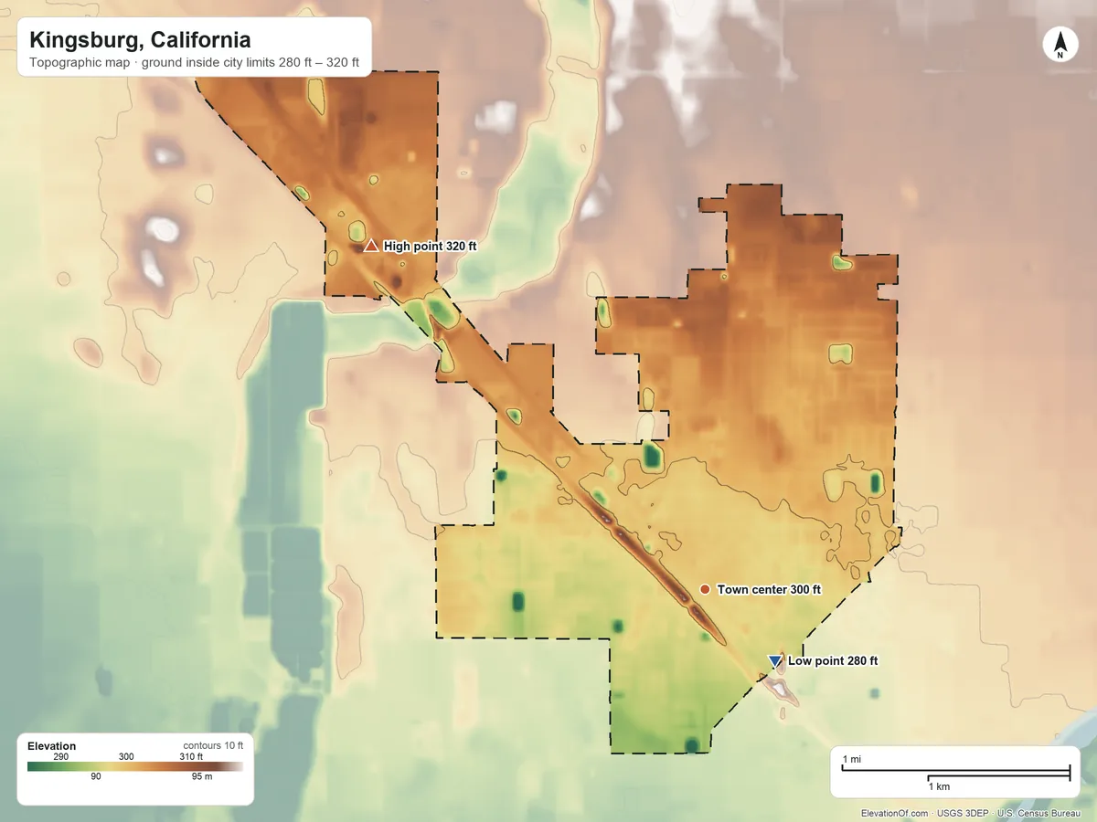 Topographic elevation map of Kingsburg, California, shaded from 280 ft on the southeast side to 320 ft on the northwest side
