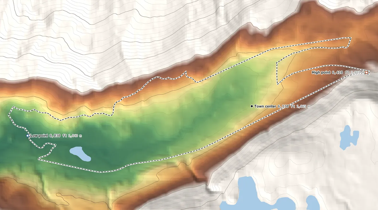 Topographic elevation map of Kingvale, California, shaded from 6,030 ft on the west side to 6,410 ft at the foot of the Sagehen Hills