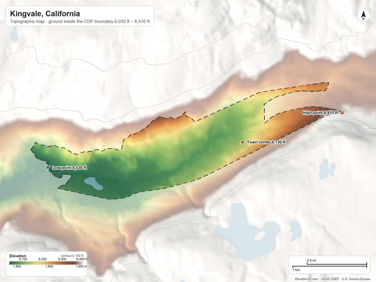 Topographic elevation map of Kingvale, California, shaded from 6,030 ft on the west side to 6,410 ft at the foot of the Sagehen Hills