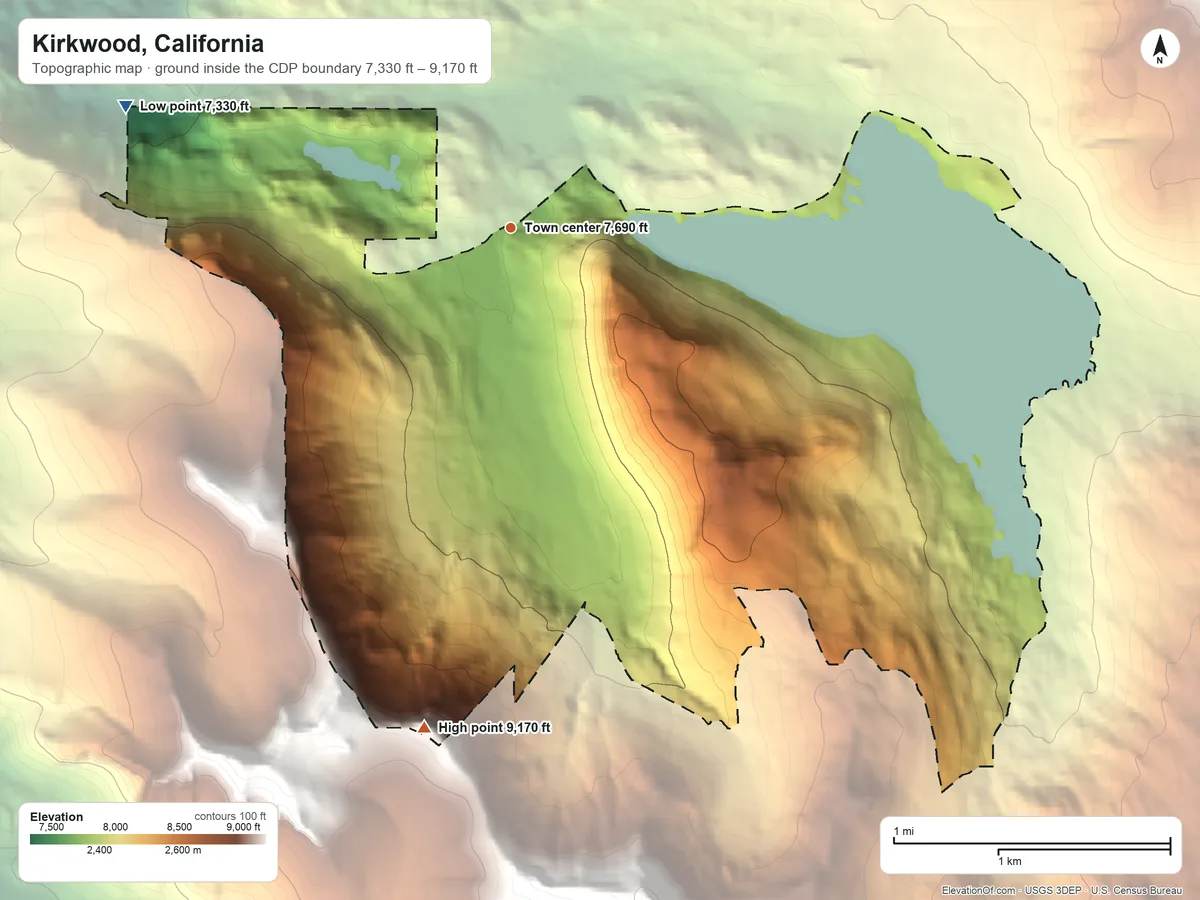 Topographic elevation map of Kirkwood, California, shaded from 7,330 ft on the west side to 9,170 ft at the foot of the Crystal Range