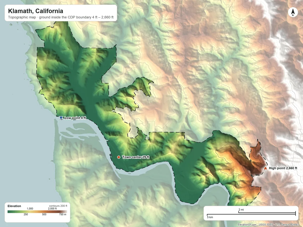 Topographic elevation map of Klamath, California, shaded from 4 ft on the northwest side to 2,660 ft on the east edge, below higher ground just outside