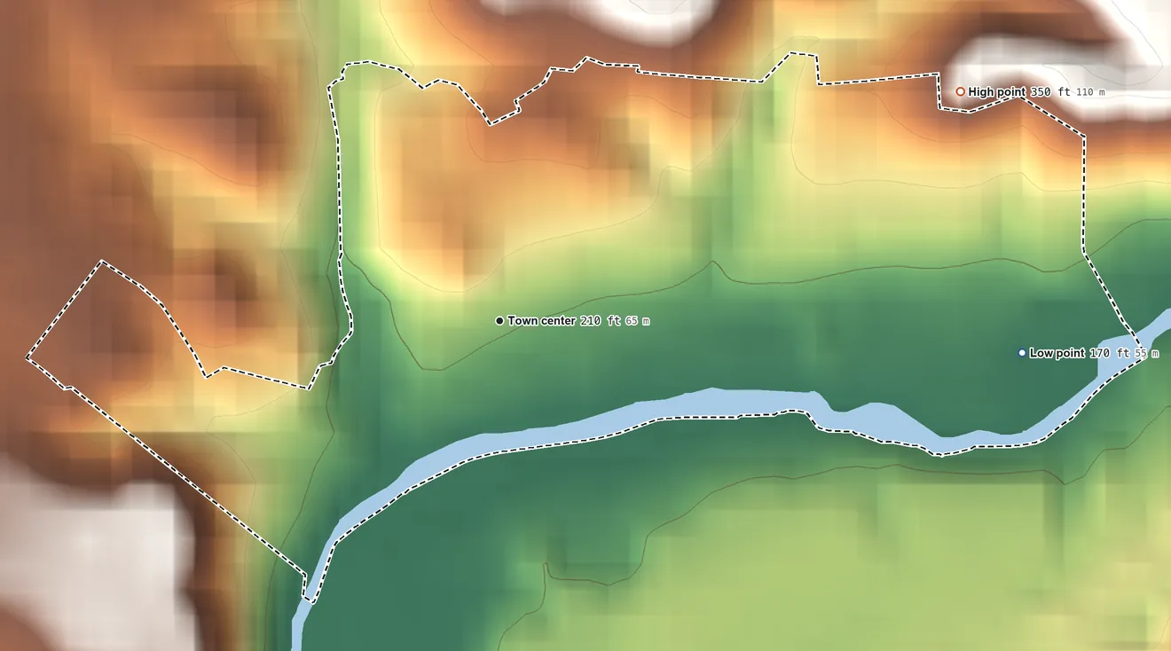 Topographic elevation map of Knights Ferry, California, shaded from 170 ft on the east side to 350 ft on the northeast side
