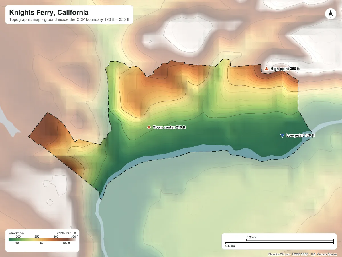 Topographic elevation map of Knights Ferry, California, shaded from 170 ft on the east side to 350 ft on the northeast side
