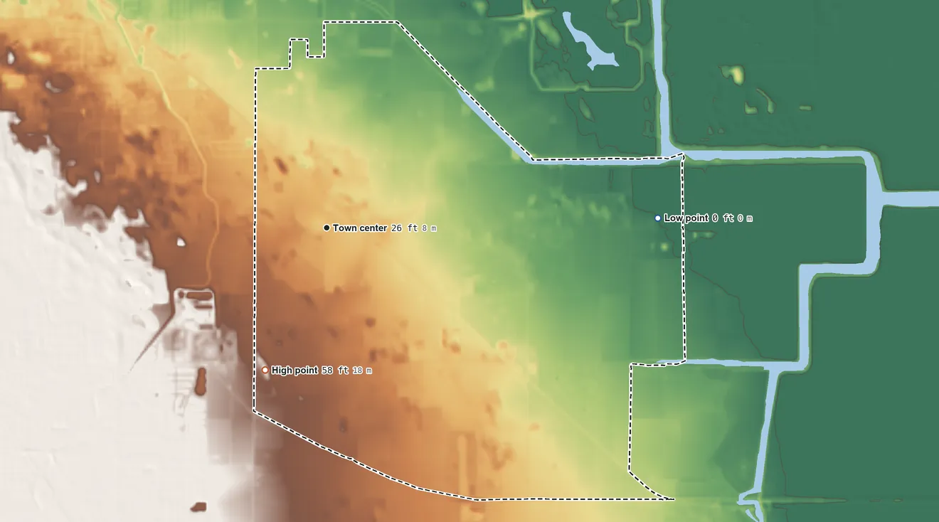 Topographic elevation map of Knightsen, California, shaded from 0 ft on the east side to 58 ft on the southwest side