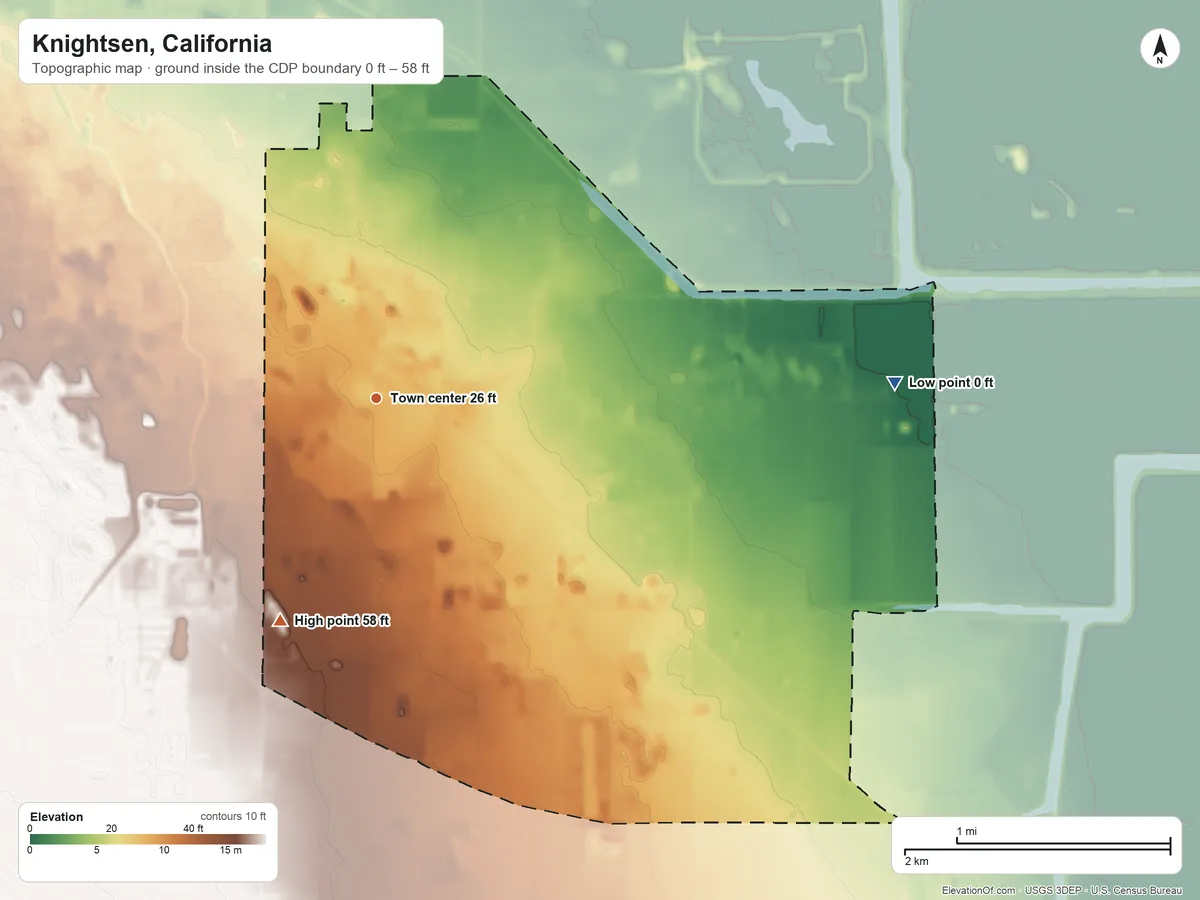 Topographic elevation map of Knightsen, California, shaded from 0 ft on the east side to 58 ft on the southwest side