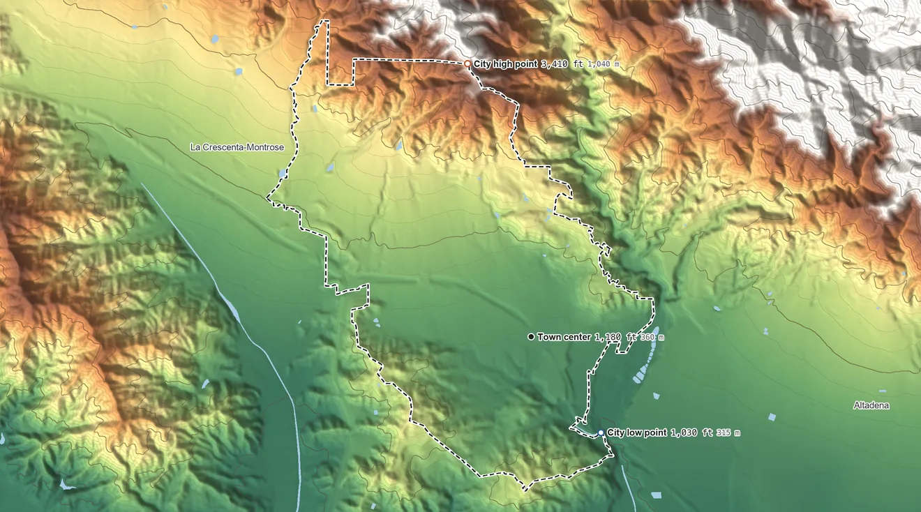 Topographic elevation map of La Cañada Flintridge, California, shaded from 1,030 ft on the southeast side to 3,410 ft at the foot of the San Rafael Hills