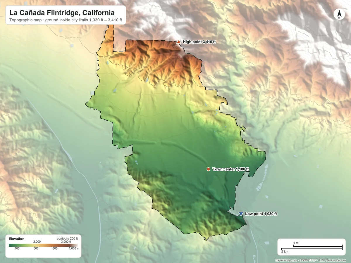 Topographic elevation map of La Cañada Flintridge, California, shaded from 1,030 ft on the southeast side to 3,410 ft at the foot of the San Rafael Hills