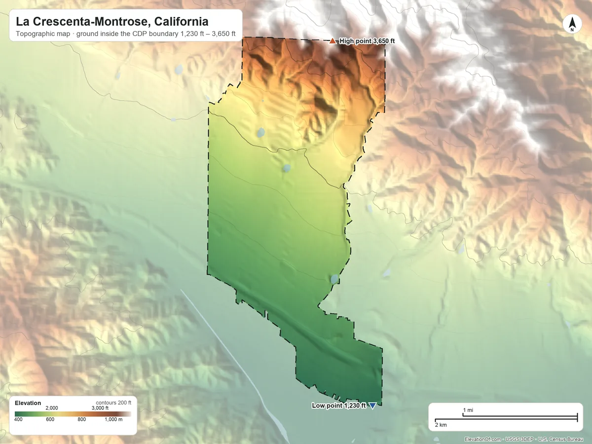 Topographic elevation map of La Crescenta-Montrose, California, shaded from 1,230 ft on the southeast side to 3,650 ft at the foot of the Verdugo Mountains