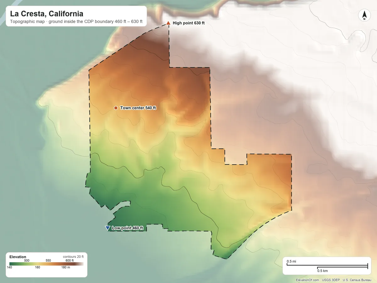 Topographic elevation map of La Cresta, California, shaded from 460 ft on the south side to 630 ft on the northeast side