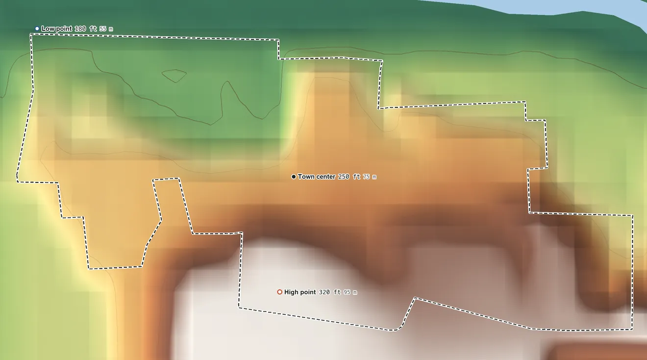 Topographic elevation map of La Grange, California, shaded from 180 ft on the northwest side to 320 ft at the foot of the Oat Hills