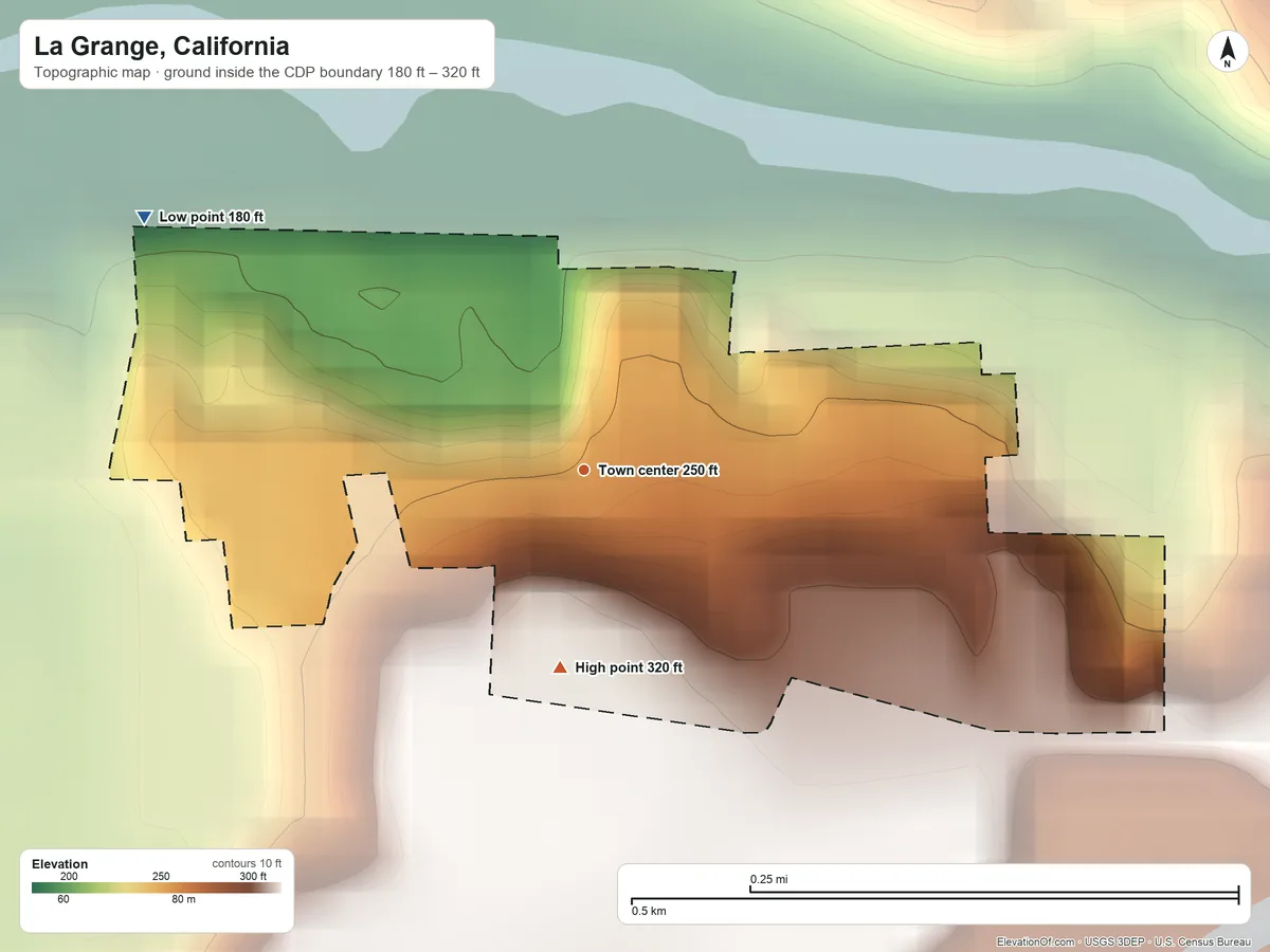 Topographic elevation map of La Grange, California, shaded from 180 ft on the northwest side to 320 ft at the foot of the Oat Hills