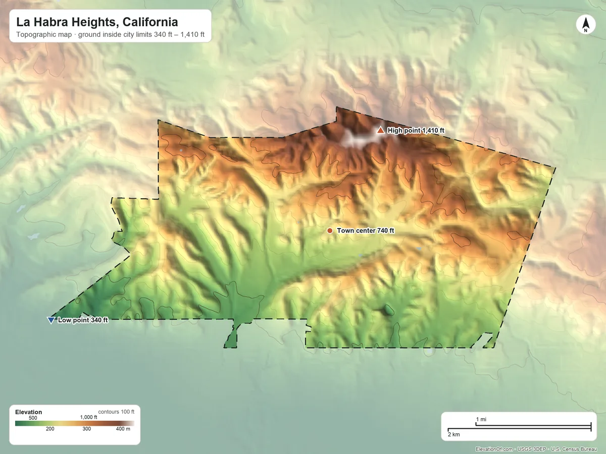 Topographic elevation map of La Habra Heights, California, shaded from 340 ft on the west side to 1,410 ft on the northeast side