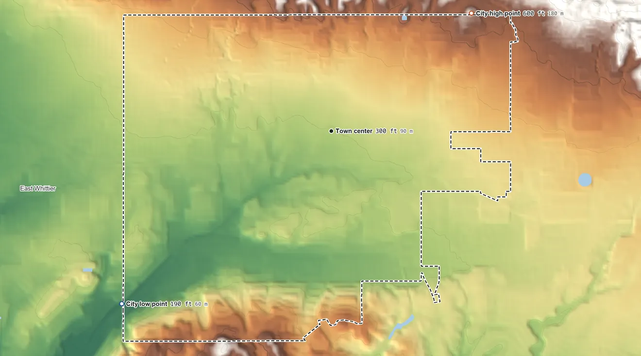 Topographic elevation map of La Habra, California, shaded from 190 ft on the southwest side to 600 ft at the foot of the West Coyote Hills