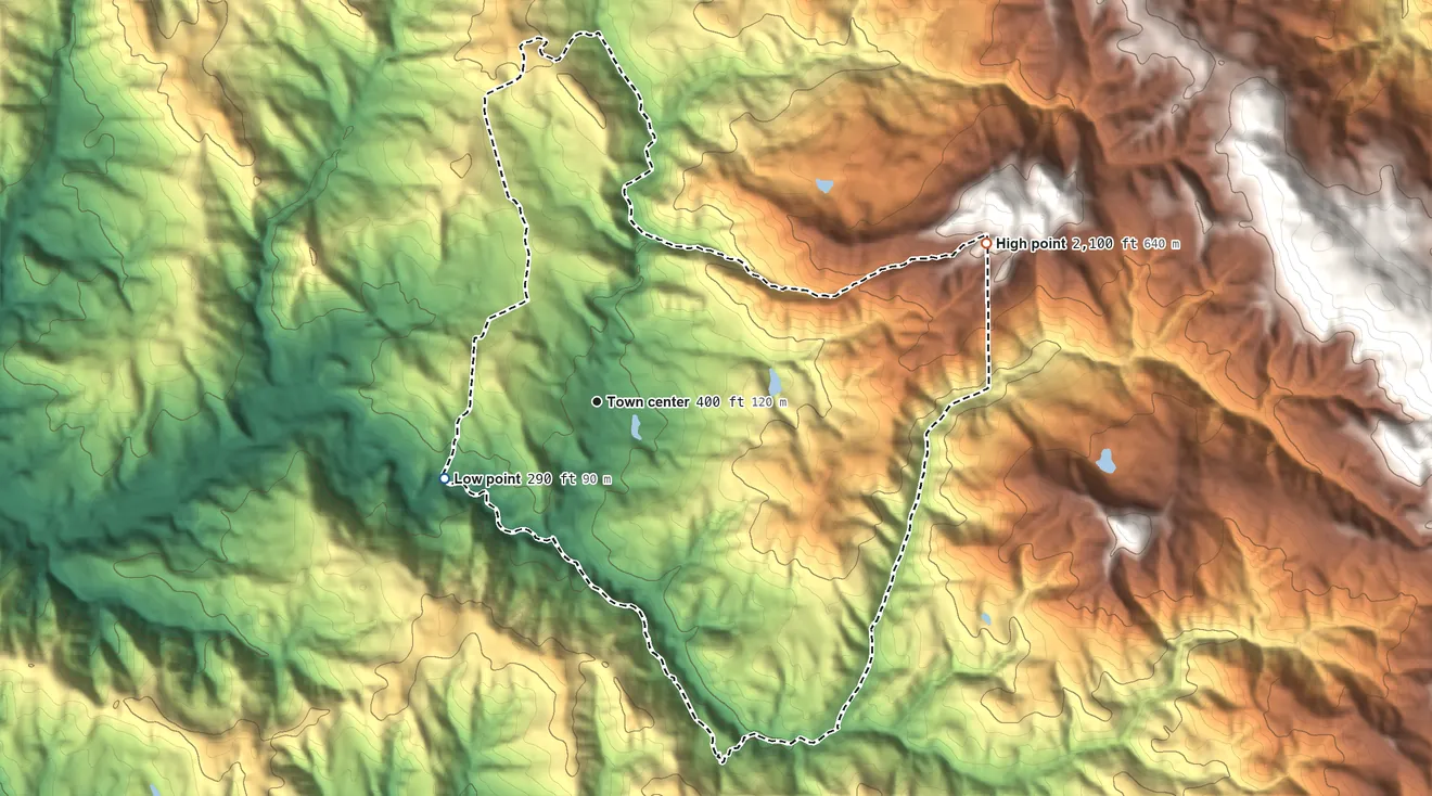 Topographic elevation map of La Honda, California, shaded from 290 ft on the southwest side to 2,100 ft at the foot of the Santa Cruz Mountains