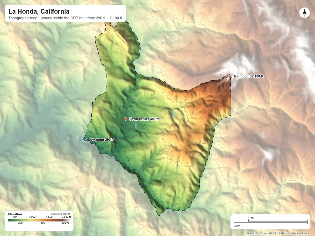 Topographic elevation map of La Honda, California, shaded from 290 ft on the southwest side to 2,100 ft at the foot of the Santa Cruz Mountains