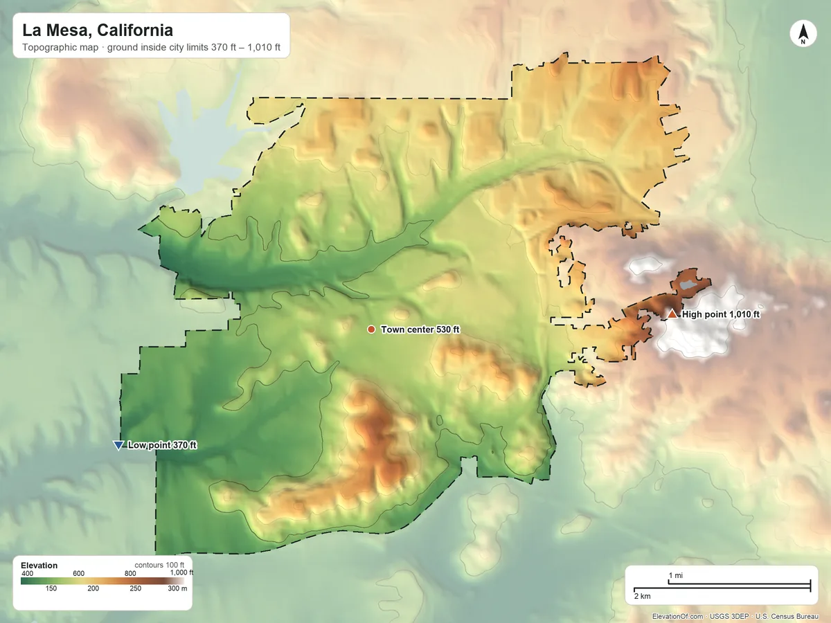 Topographic elevation map of La Mesa, California, shaded from 370 ft on the southwest side to 1,010 ft at the foot of the Fletcher Hills