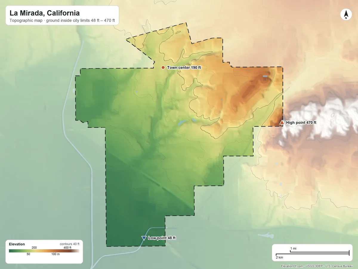 Topographic elevation map of La Mirada, California, shaded from 48 ft on the south side to 470 ft on the southeast side