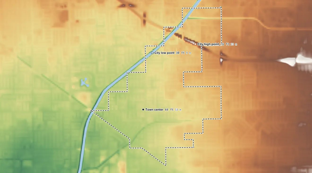Topographic elevation map of La Palma, California, shaded from 30 ft on the north side to 76 ft on the northeast side