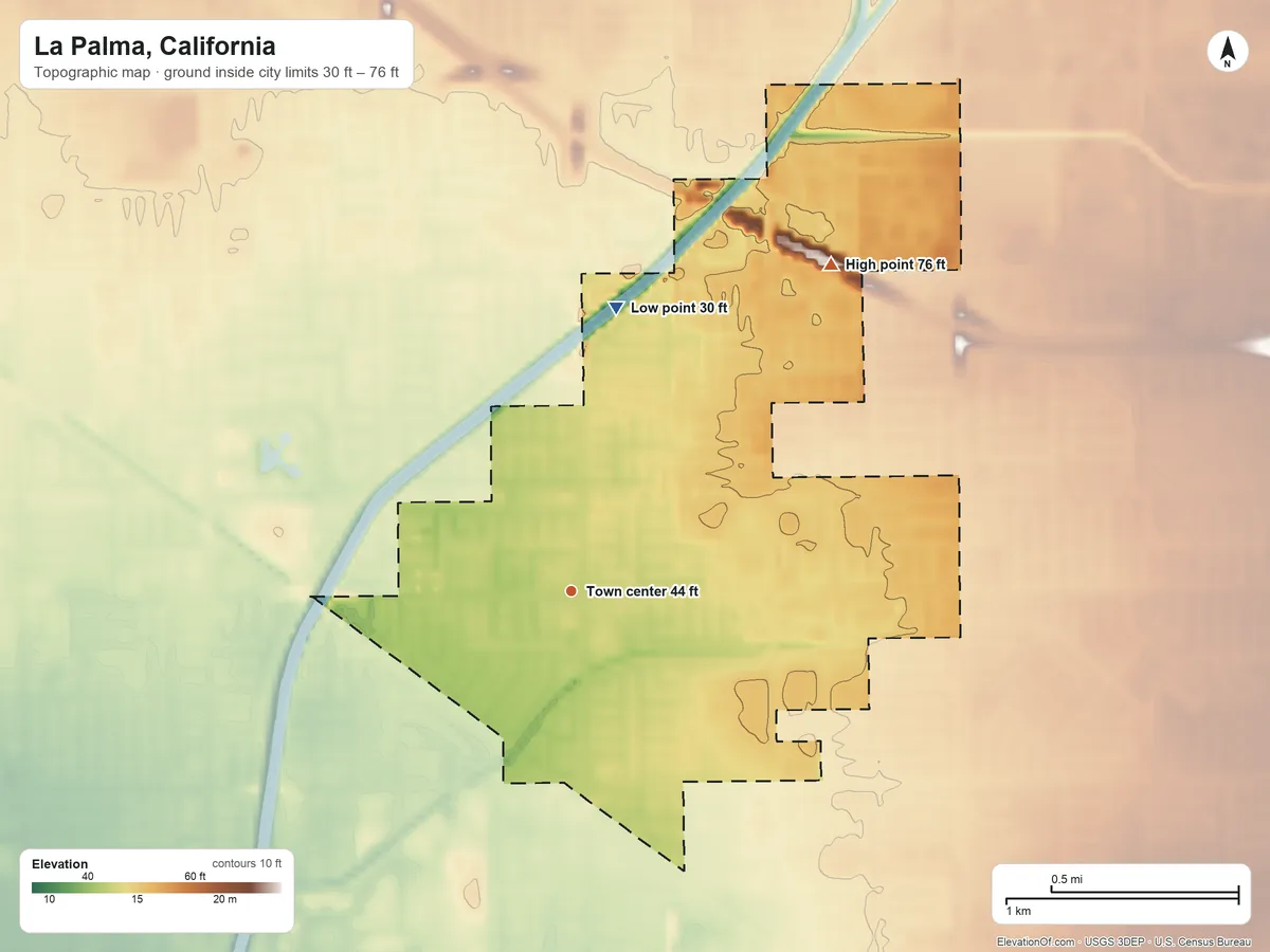Topographic elevation map of La Palma, California, shaded from 30 ft on the north side to 76 ft on the northeast side