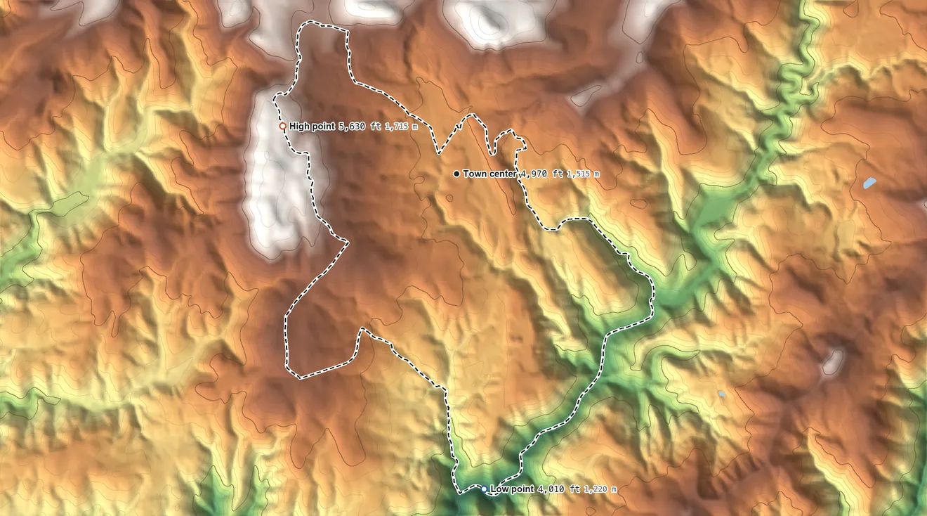 Topographic elevation map of La Porte, California, shaded from 4,010 ft on the south side to 5,630 ft on the west side