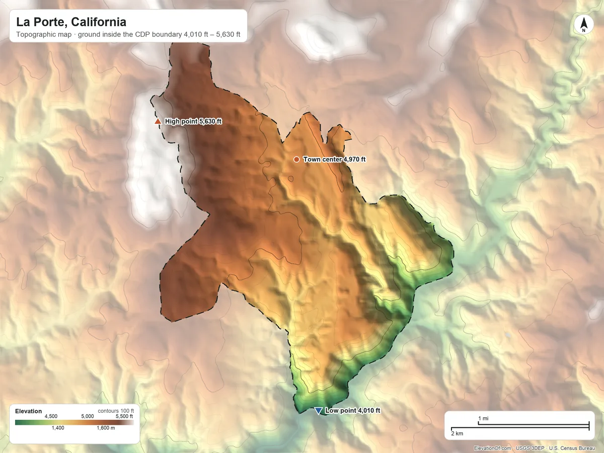 Topographic elevation map of La Porte, California, shaded from 4,010 ft on the south side to 5,630 ft on the west side