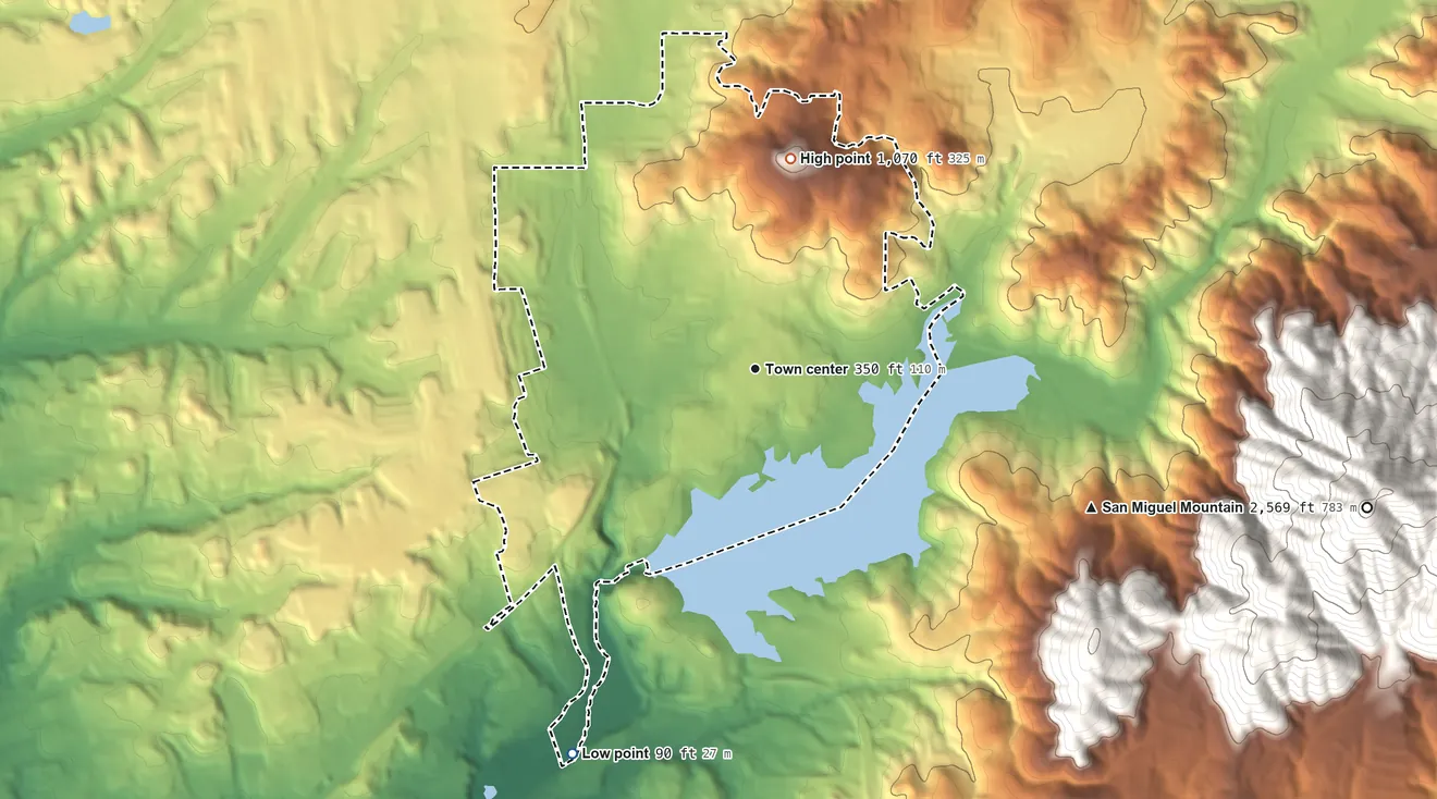 Topographic elevation map of La Presa, California, shaded from 90 ft on the southwest side to 1,070 ft on Dictionary Hill