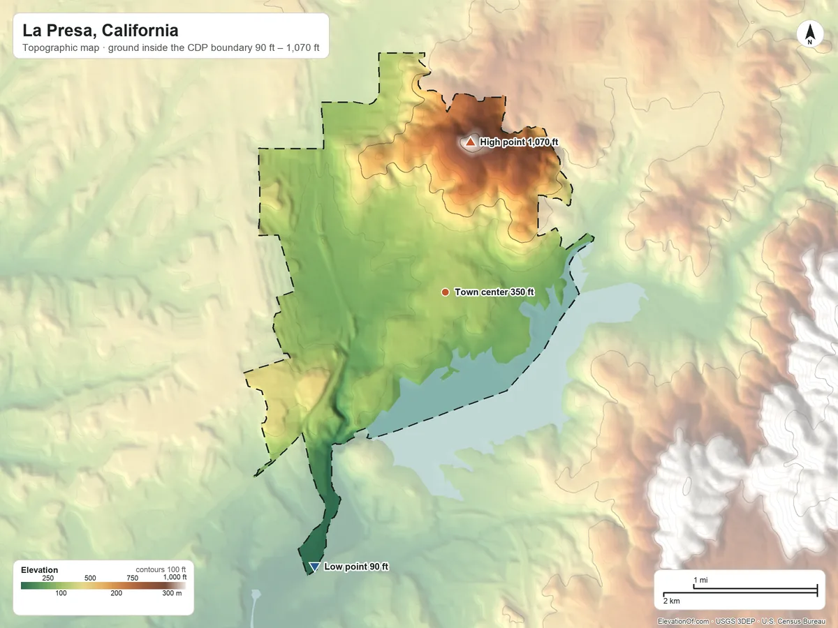 Topographic elevation map of La Presa, California, shaded from 90 ft on the southwest side to 1,070 ft on Dictionary Hill