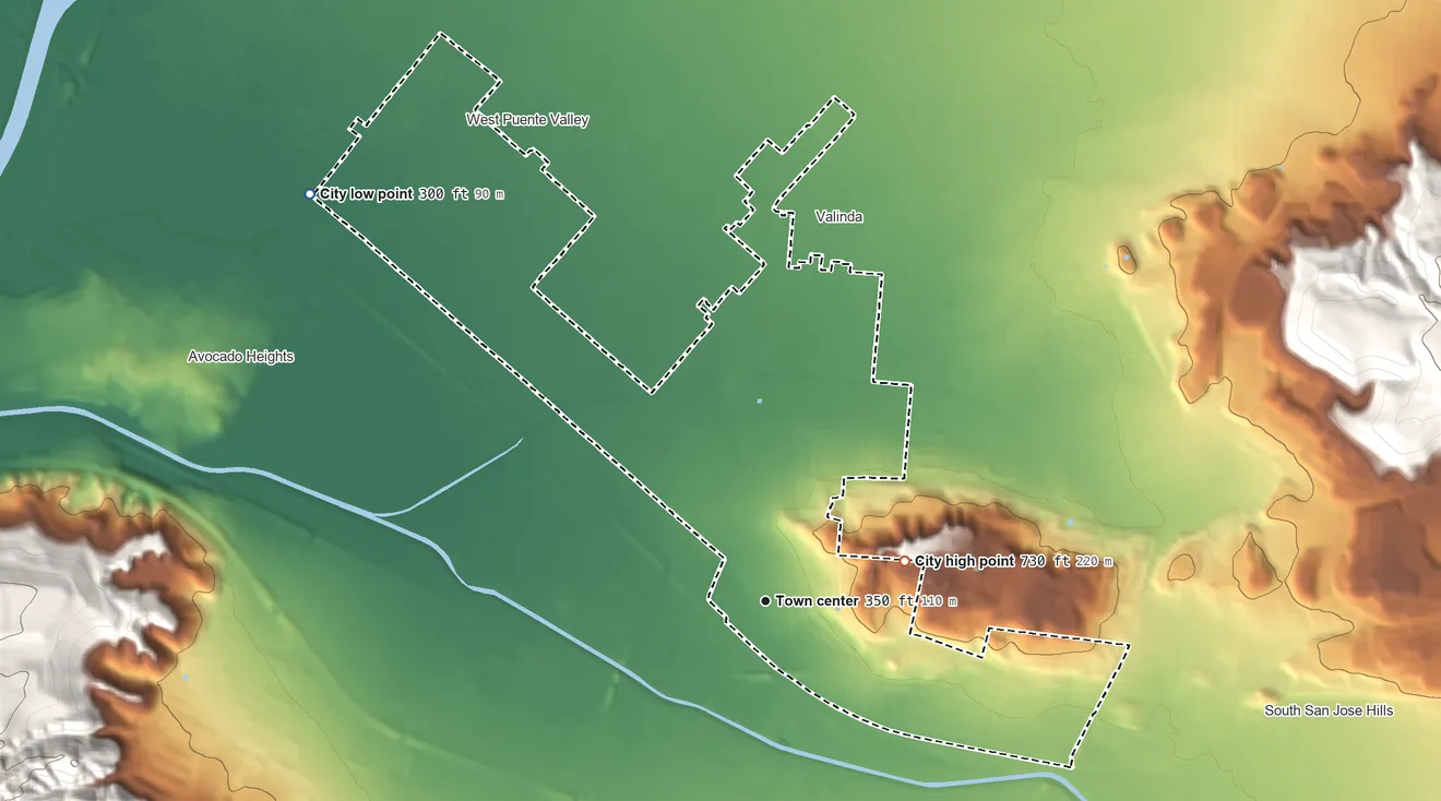 Topographic elevation map of La Puente, California, shaded from 300 ft on the northwest side to 730 ft on the east side