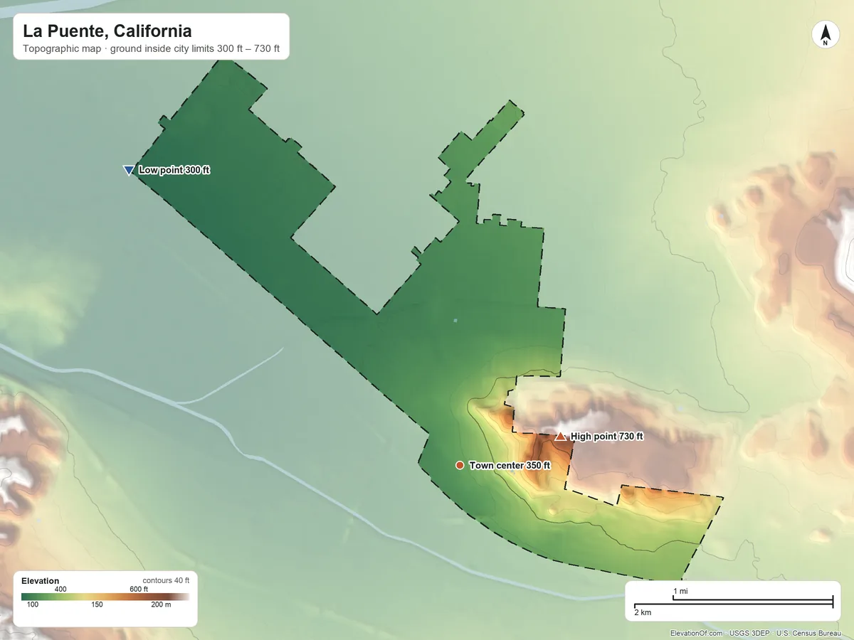 Topographic elevation map of La Puente, California, shaded from 300 ft on the northwest side to 730 ft on the east side