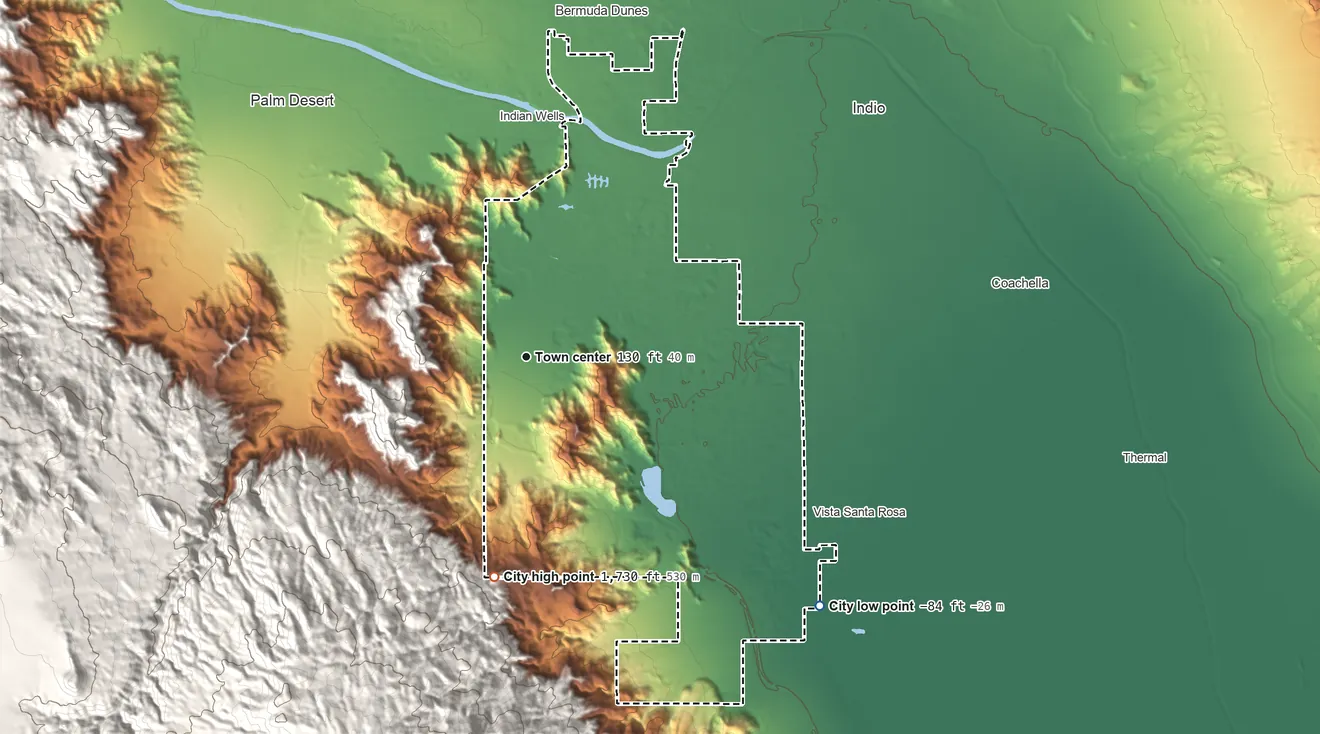 Topographic elevation map of La Quinta, California, shaded from −84 ft on the southeast side to 1,730 ft at the foot of the Santa Rosa Mountains