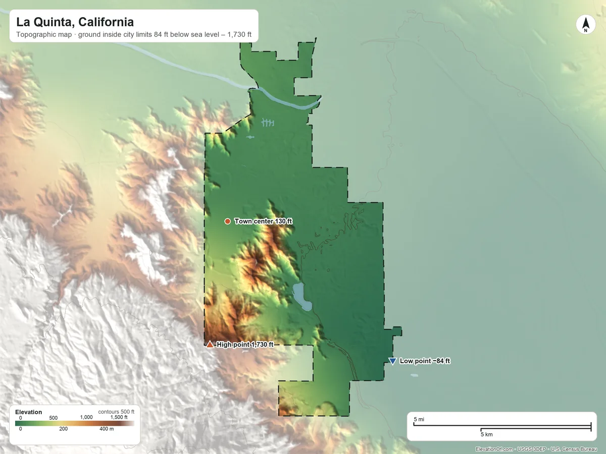 Topographic elevation map of La Quinta, California, shaded from −84 ft on the southeast side to 1,730 ft at the foot of the Santa Rosa Mountains