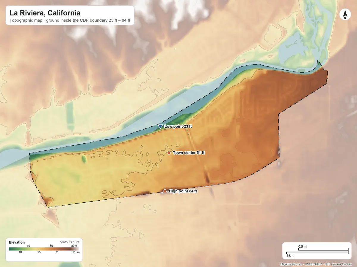 Topographic elevation map of La Riviera, California, shaded from 23 ft near the middle to 84 ft on the south side