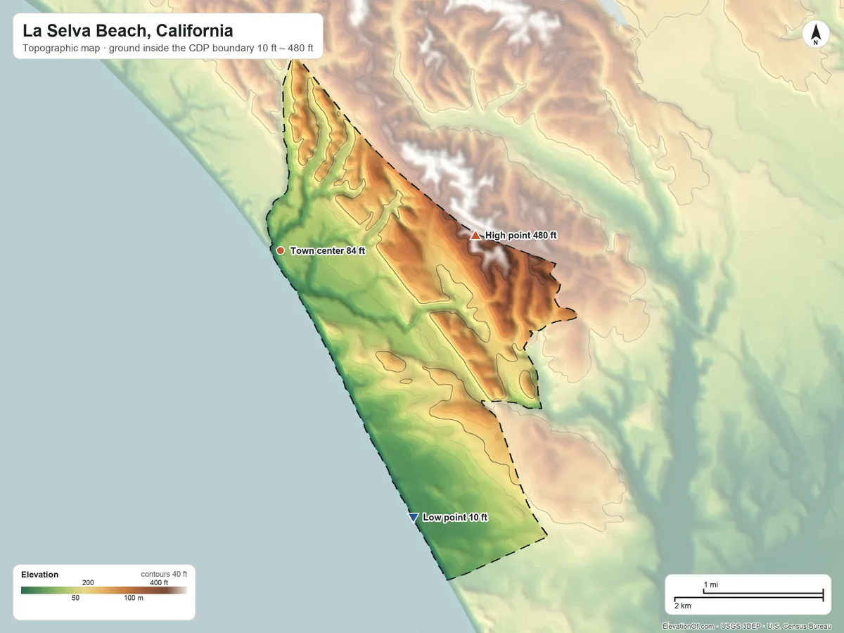 Topographic elevation map of La Selva Beach, California, shaded from 10 ft on the southeast side to 480 ft on the east side