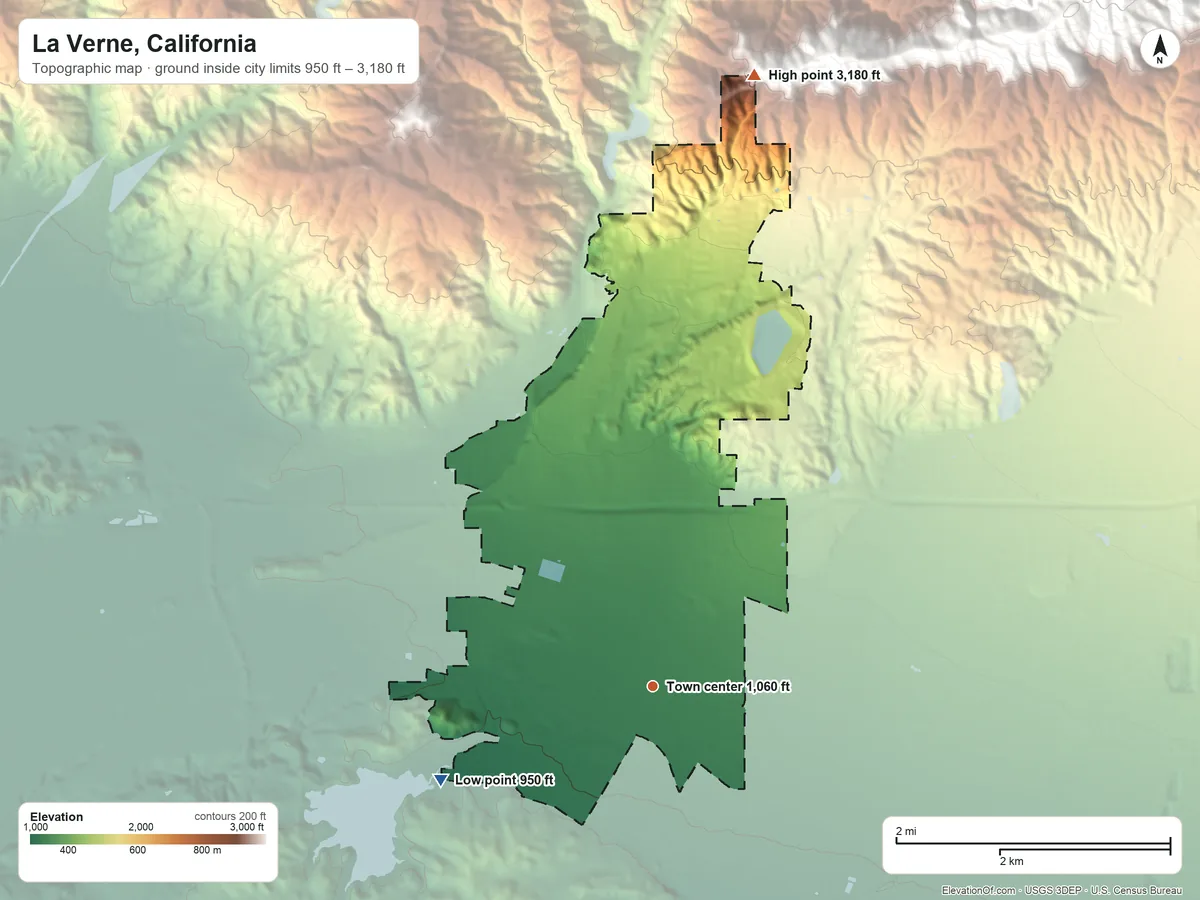 Topographic elevation map of La Verne, California, shaded from 950 ft on the southwest side to 3,180 ft at the foot of the South Hills