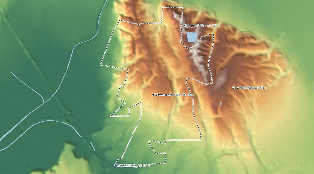 Topographic elevation map of Ladera Heights, California, shaded from 42 ft on the southwest side to 510 ft on the north side