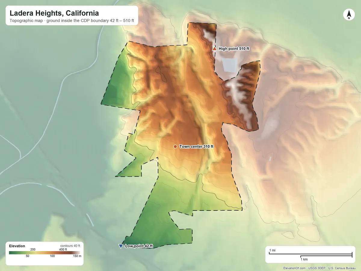 Topographic elevation map of Ladera Heights, California, shaded from 42 ft on the southwest side to 510 ft on the north side