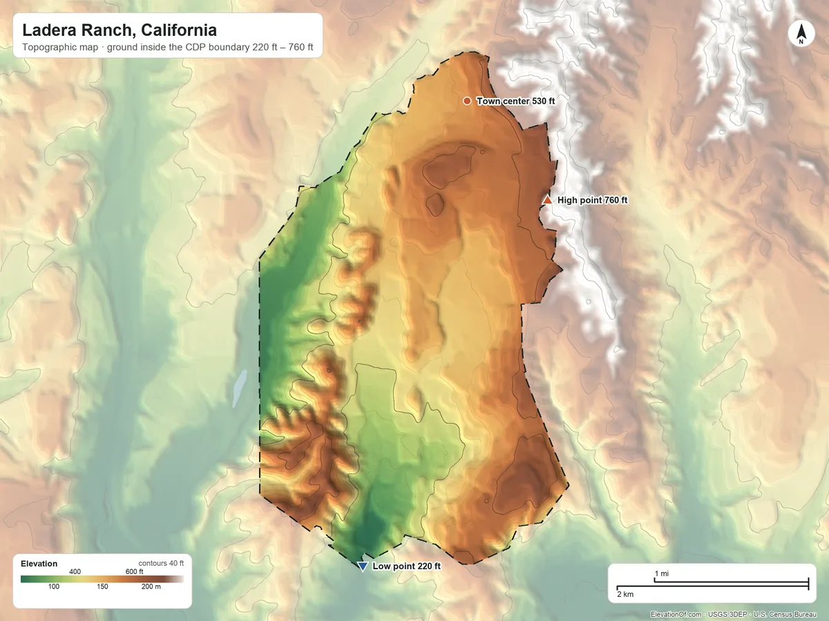 Topographic elevation map of Ladera Ranch, California, shaded from 220 ft on the south side to 760 ft on the southeast side