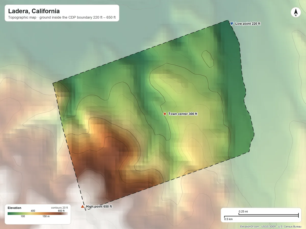Topographic elevation map of Ladera, California, shaded from 220 ft on the northeast side to 650 ft on the southwest side
