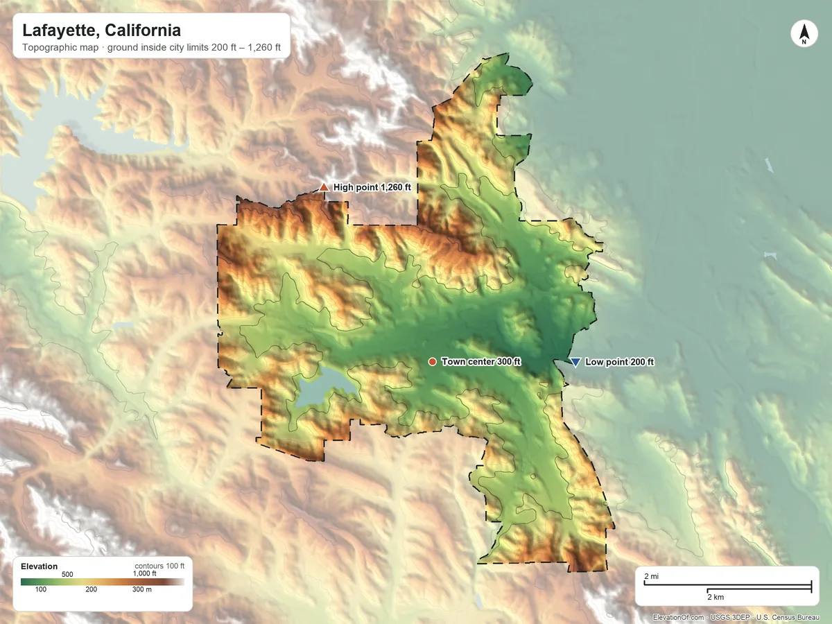 Topographic elevation map of Lafayette, California, shaded from 200 ft on the east side to 1,260 ft on the northwest side
