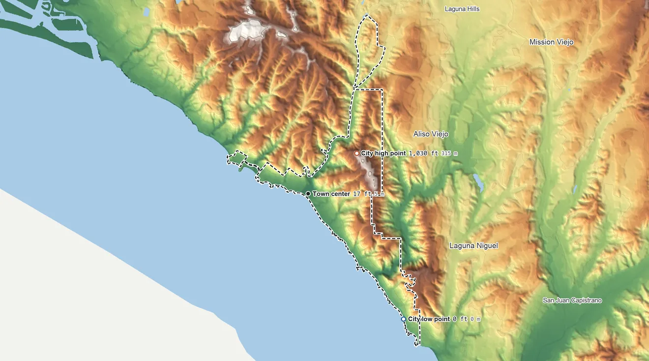 Topographic elevation map of Laguna Beach, California, shaded from sea level level on the Pacific Ocean to 1,030 ft on the northeast side