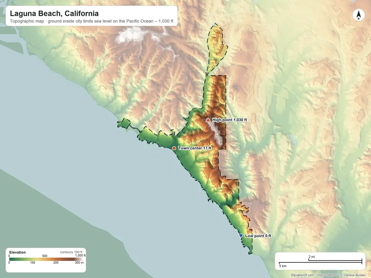 Topographic elevation map of Laguna Beach, California, shaded from sea level level on the Pacific Ocean to 1,030 ft on the northeast side
