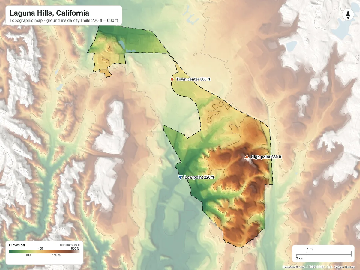 Topographic elevation map of Laguna Hills, California, shaded from 220 ft on the south side to 630 ft on the southeast side
