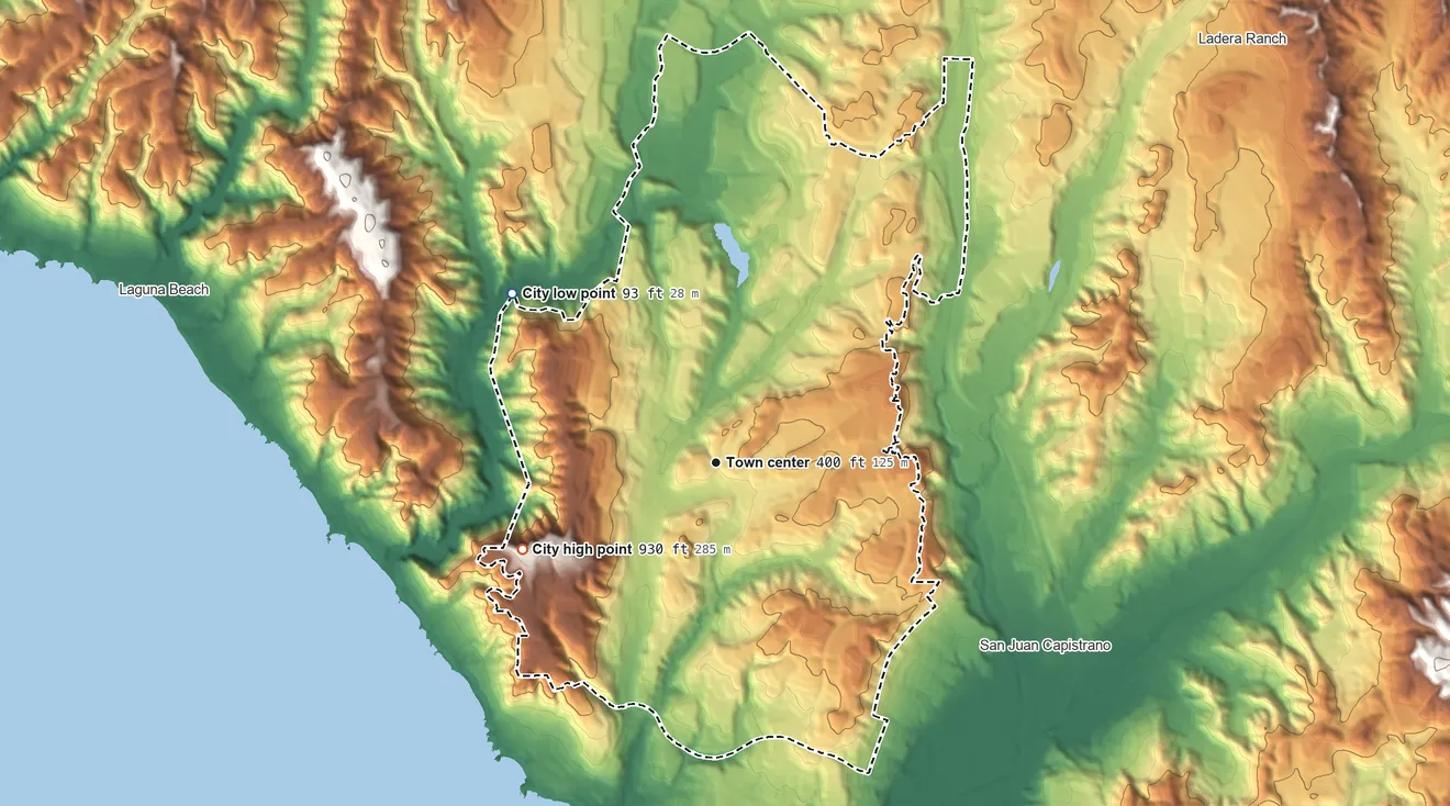 Topographic elevation map of Laguna Niguel, California, shaded from 93 ft on the northwest side to 930 ft on Niguel Hill