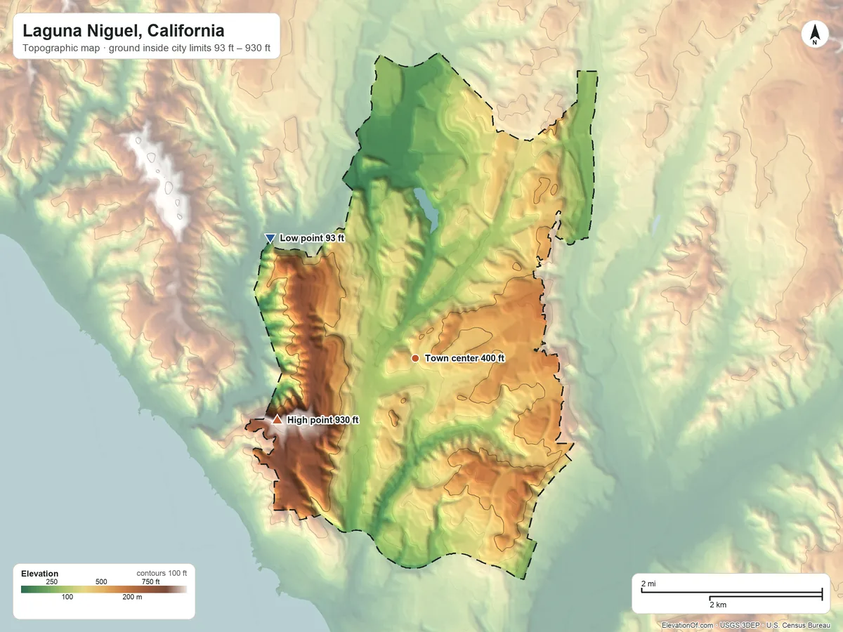 Topographic elevation map of Laguna Niguel, California, shaded from 93 ft on the northwest side to 930 ft on Niguel Hill
